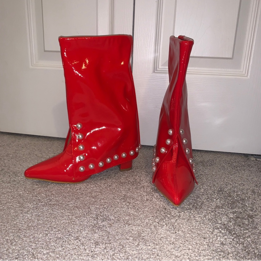 New Shiny Red mid calf boots.    Pearl accents Women’s 36 US 5.5-6